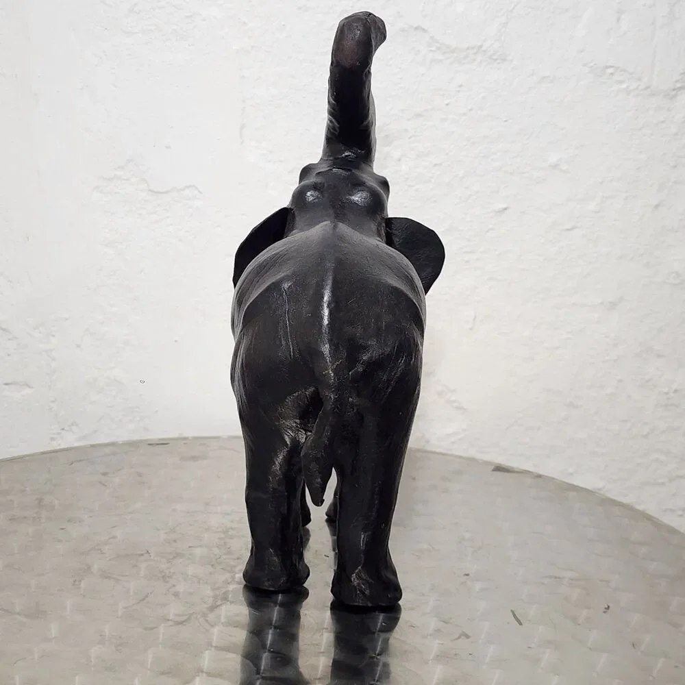 Vtg Black Leather Wrapped Elephant Statue Figurine Trunk Up MCM Safari Decor 11